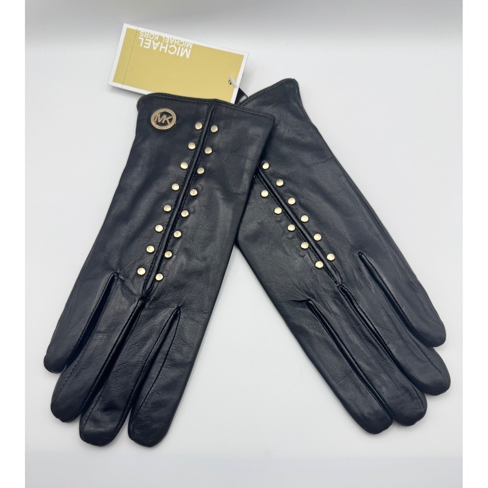NWT Michael Kors Black Astor Leather Studded Tech Gloves Women's Size S MSRP $98